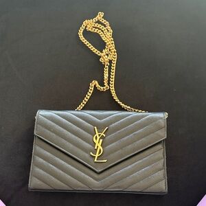 Saint Laurent Black Chevron Quilted Leather Crossbody with Gold Chain